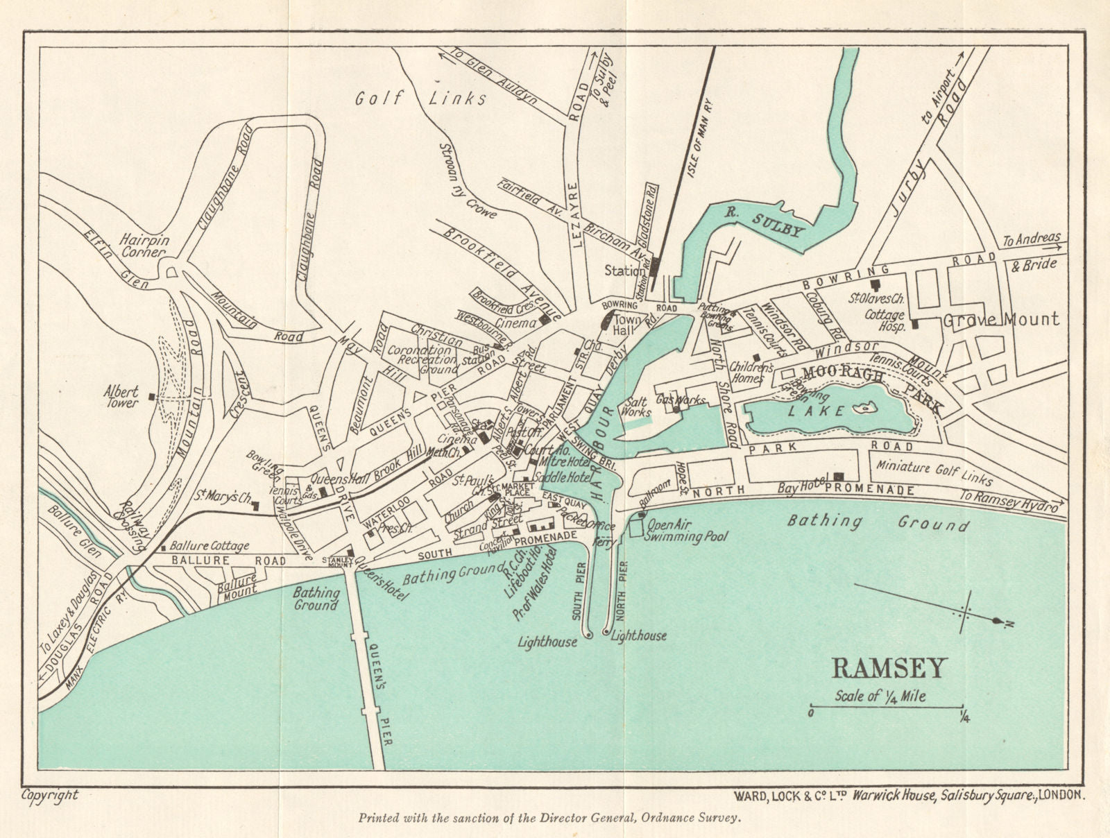 RAMSEY vintage town/city plan. Isle of Man. WARD LOCK 1938 old vintage map